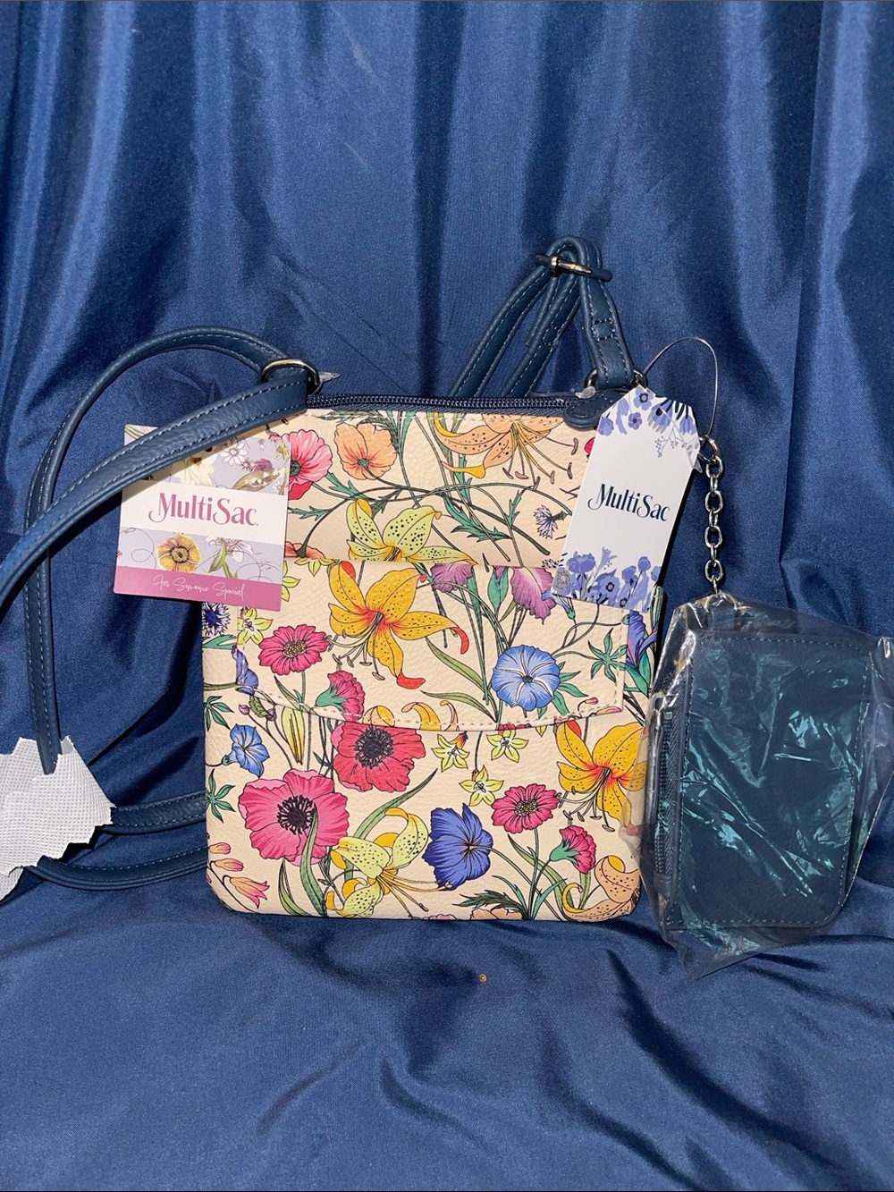MultiSac Floral Crossbody Bag in Cream with Blue Trim
